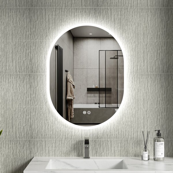 Erga Demi, oválné LED zrcadlo 60x80cm, 3 barvy světla, přední osvětlení, topná podložka proti zapaření, ERG-V01-DEMI-6080-CL
