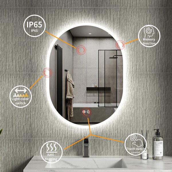 Erga Demi, oválné LED zrcadlo 60x80cm, 3 barvy světla, přední osvětlení, topná podložka proti zapaření, ERG-V01-DEMI-6080-CL