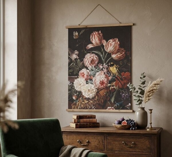 Závěsný textilní obraz květinové zátiší s ptáčkem v retro stylu - 80*2*100 cm - Clayre & Eef
