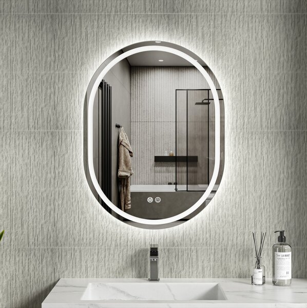 Erga Lyra, oválné LED zrcadlo 60x80cm, 3 barvy světla, přední a zadní osvětlení, vyhřívací podložka proti zapaření, ERG-V01-LYRA-6080-CL