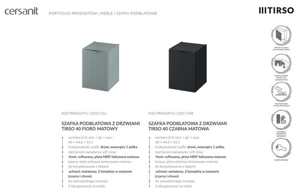 Cersanit Tirso, závěsná umyvadlová skříňka 994x447x572 mm + keramické umyvadlo, černá matná, S801-588