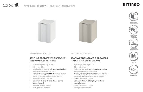 Cersanit Tirso, závěsná umyvadlová skříňka 994x447x572 mm + keramické umyvadlo, bílá matná, S801-542