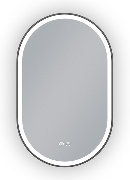 Erga Gwen, oválné LED zrcadlo 50x80cm v černém kovovém rámu, 3 barvy světla, přední osvětlení, vyhřívací podložka proti zapaření, ERG-V01-GWEN-5080-BK