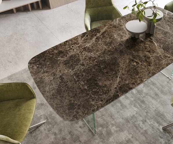 DELIFE Jídelní stůl Edge Boot 200x100 keramika Laminam® Emperador Extra Lucidato tmavě hnědý podnož sklo