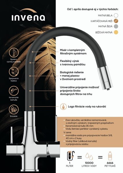 Invena Magic, stojánková dřezová baterie s flexibilním ramenem a filtrem na pitnou vodu, černá-měděná matná, INV-BZ-02-F15-V