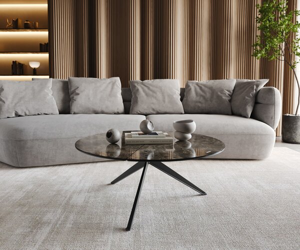 DELIFE Konferenční stolek Delron 90x90 cm keramika Laminam®Emperador Extra Lucidato tmavě hnědá křížová podnož plochá kov černá