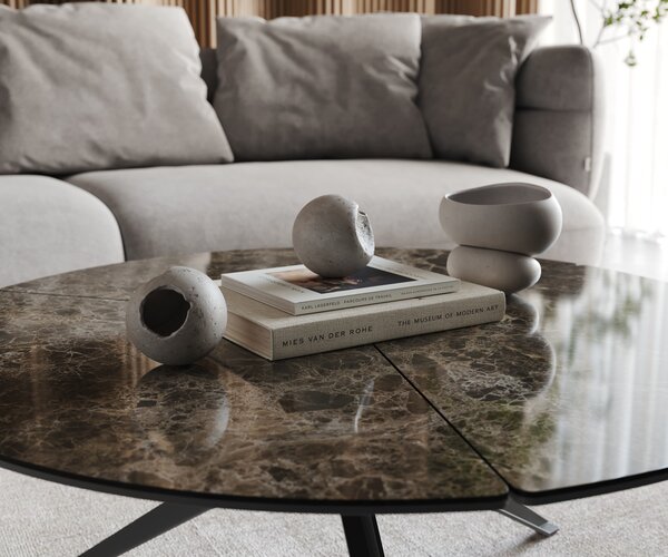 DELIFE Konferenční stolek Delron 90x90 cm keramika Laminam®Emperador Extra Lucidato tmavě hnědá křížová podnož plochá kov černá