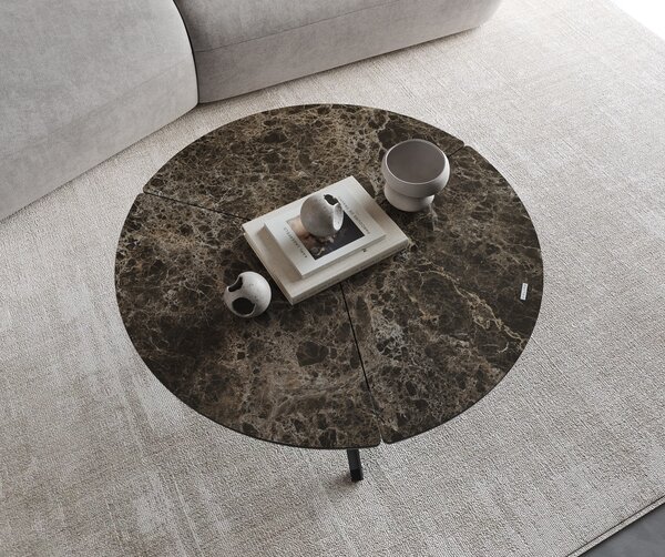 DELIFE Konferenční stolek Delron 90x90 cm keramika Laminam®Emperador Extra Lucidato tmavě hnědá křížová podnož plochá kov černá