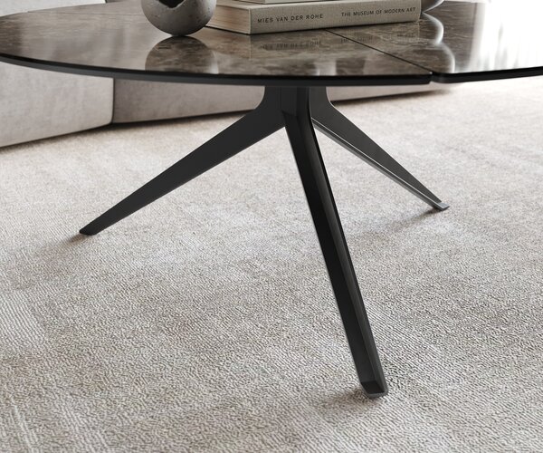 DELIFE Konferenční stolek Delron 90x90 cm keramika Laminam®Emperador Extra Lucidato tmavě hnědá křížová podnož plochá kov černá