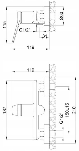 Invena Alonia, nástěnná sprchová baterie s ruční sprchovou soupravou, černá lesklá, INV-BN-70-004-V