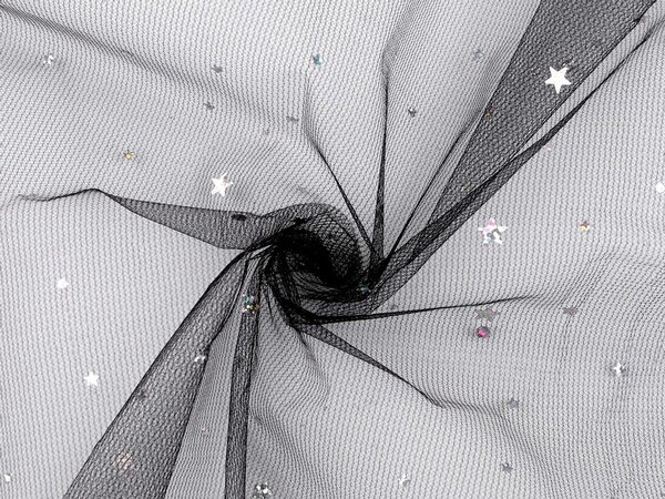 Oděvní / dekorační tyl s hvězdičkami s hologramem METRÁŽ - 7 černá stříbrná