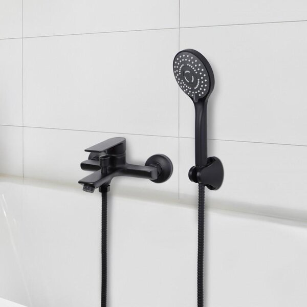 Erga Hary, nástěnná vanová baterie s ruční sprchovou soupravou, černá matná, ERG-YKA-BW.HARY-BLK