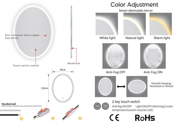Erga Paola, oválné LED zrcadlo 80x120cm, 2990 lm, 3 barvy světla, přední a zadní osvětlení, ERG-V01-302-1280-00