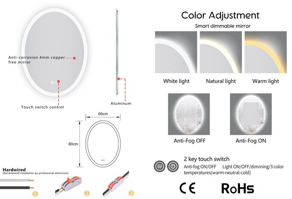 Erga Paola, oválné LED zrcadlo 60x80cm, 2070 lm, 3 barvy světla, přední a zadní osvětlení, ERG-V01-302-6080-00