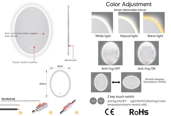 Erga Paola, oválné LED zrcadlo 80x100cm, 2645 lm, 3 barvy světla, přední a zadní osvětlení, ERG-V01-302-1080-00