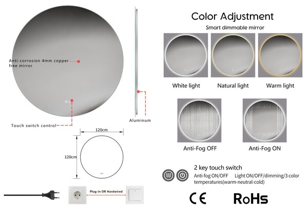 Erga Sofia, kulaté LED zrcadlo 120cm, 2760 lm, 3 barvy světla, ERG-V01-207-1212