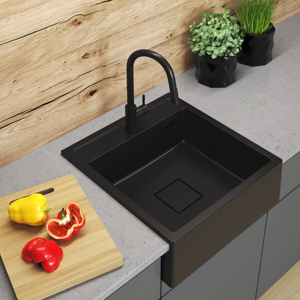 Gamma Farmerski, 1-komorový granitový dřez 600x630x210 mm, černá, GMA-ZLE000208