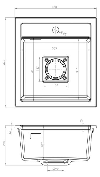 Gamma Quadro 4550, 1-komorový granitový dřez 450x495x220 mm, černá skvrnitá, GMA-ZLE000218