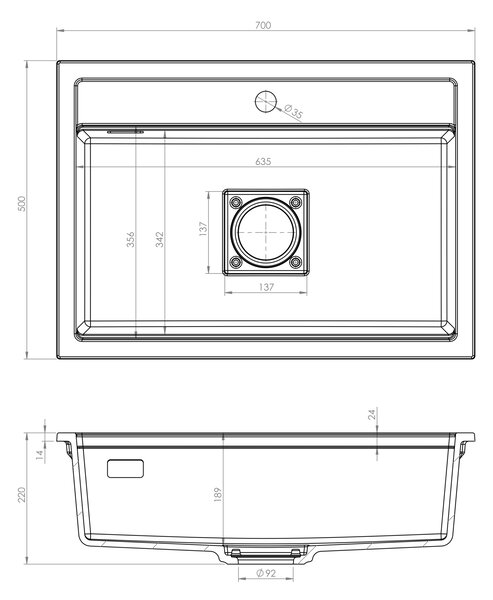 Gamma Quadro 7050, 1-komorový granitový dřez 700x500x220 mm, černá skvrnitá, GMA-ZLE000238
