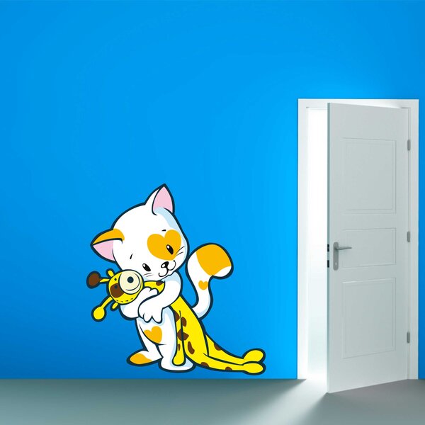 Barevná samolepka na zeď - Kočička se žirafou (120x106 cm)
