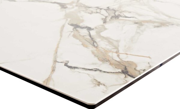 DELIFE Jídelní stůl Edge 200-300x100 keramika Calacatta Luxe bílá-zlatá-šedá Spider plochá ocel černá rozkládací