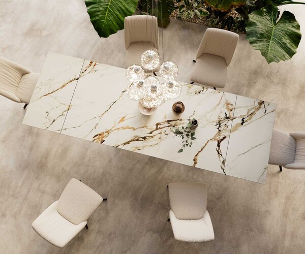 DELIFE Jídelní stůl Edge 200-300x100 keramika Calacatta Luxe bílá-zlatá-šedá Spider plochá ocel černá rozkládací