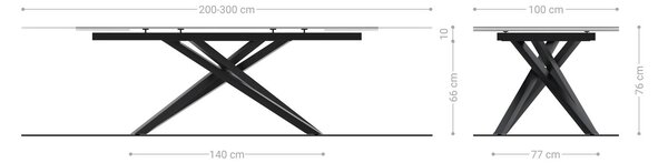 DELIFE Jídelní stůl Edge 200-300x100 sklo s reliéfem kouřově černé 3D design křížová podnož obdélník nerezová ocel rozkládací