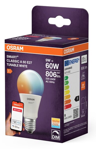 Chytrá zigbee LED stmívatelná žárovka E27 9 W CLASSIC A, laditelná bílá OSRAM