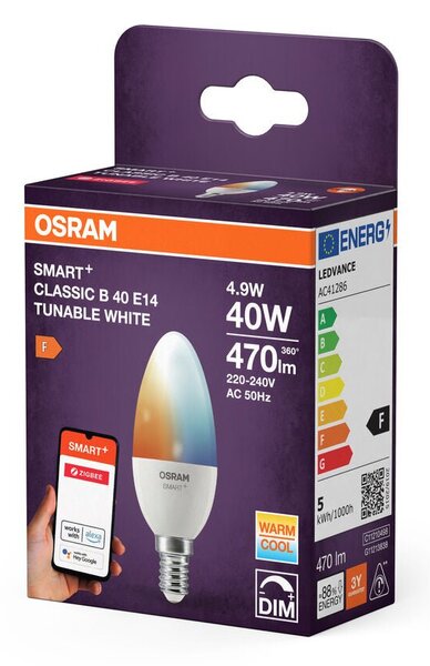 Chytrá LED zigbee stmívatelná žárovka E14 4,9 W CLASSIC B, laditelná bílá OSRAM