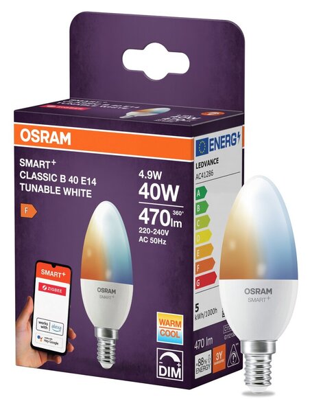 Chytrá LED zigbee stmívatelná žárovka E14 4,9 W CLASSIC B, laditelná bílá OSRAM