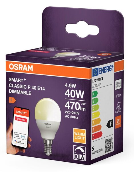 Chytrá LED zigbee stmívatelná žárovka E14 4,9 W CLASSIC P, teplá bílá OSRAM