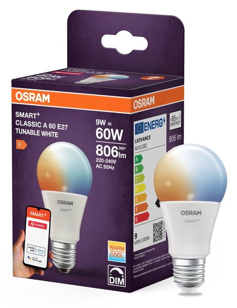 Chytrá zigbee LED stmívatelná žárovka E27 9 W CLASSIC A, laditelná bílá OSRAM