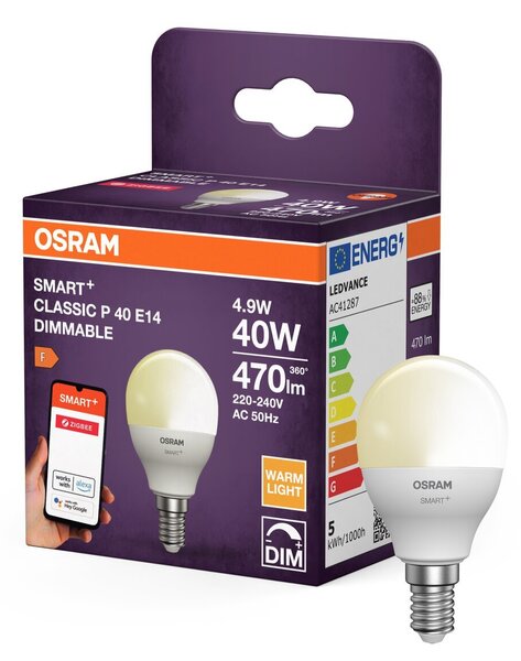 Chytrá LED zigbee stmívatelná žárovka E14 4,9 W CLASSIC P, teplá bílá OSRAM