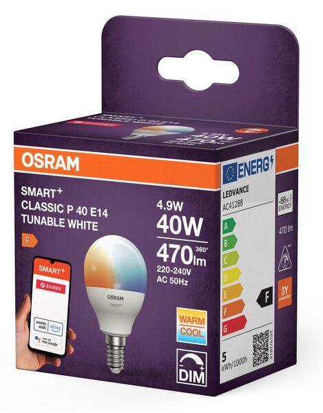 Chytrá zigbee stmívatelná LED žárovka E14 4,9 W CLASSIC P, teplá bílá OSRAM