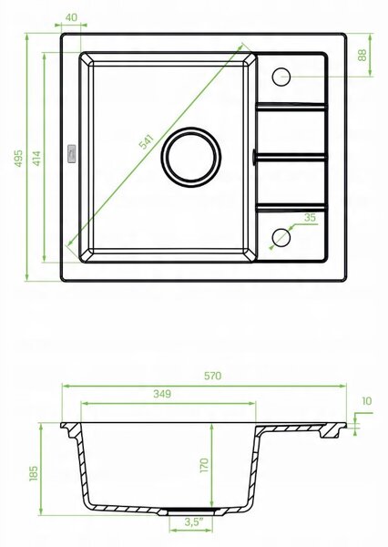 Laveo Trzynastka, 1-komorový granitový dřez 570x495x185 mm, černá, LAV-SBP_713B