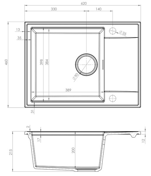 Sink Quality Sink55, kuchyňský granitový dřez 620x460x215 mm, bílá, SKQ-SINK.W.1KKO