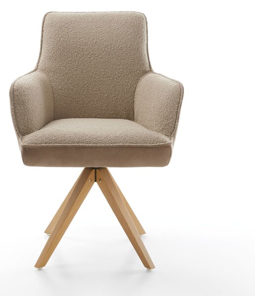 DELIFE Jídelní židle Heira-Flex s područkami mix materiálů tmavě béžová dřevěná podnož hranatá přírodní 180° otočná taštičkové pružiny