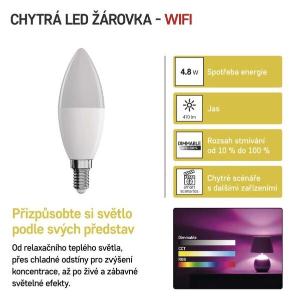 EMOS Chytrá LED žárovka GoSmart E14 4,8W 230V Wi-Fi RGB stmívatelná