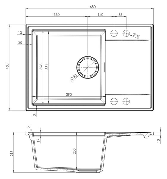 Sink Quality Sink55, kuchyňský granitový dřez 680x460x215 mm + chromový sifon, bílá, SKQ-SINK.W.1KDO.X