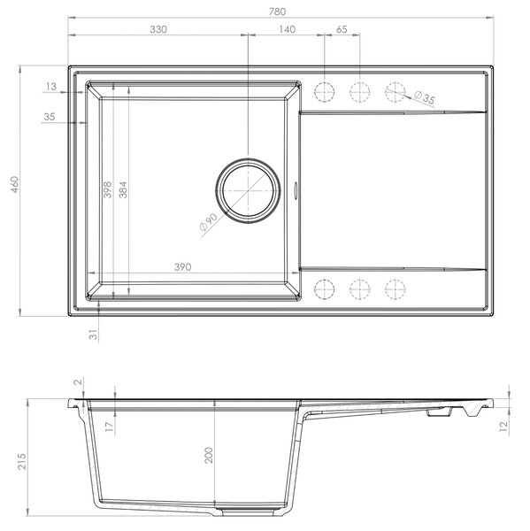 Sink Quality Sink55, kuchyňský granitový dřez 780x460x215 mm + grafitový sifon, bílá, SKQ-SINK.W.1KDOL.XB
