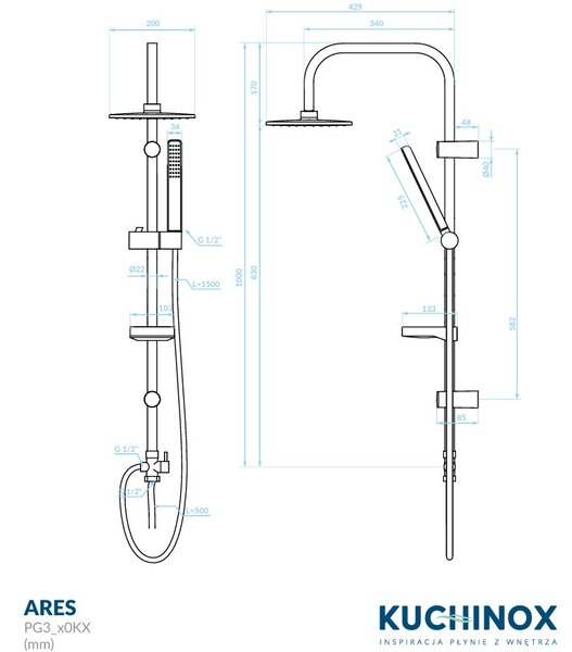 Kuchinox Ares, sprchový sloup s ruční a dešťovou hlavicí, černá matná, LAV-PG3_70KX