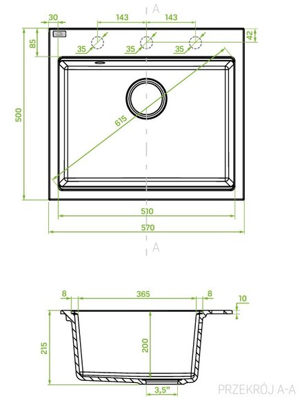 Laveo Tau, 1-komorový granitový dřez 570x500x215 mm, černá, LAV-SBT_710B