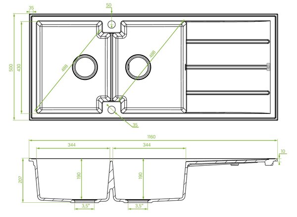 Laveo Canaria, 2-komorový granitový dřez 1160x500x207 mm, černá skvrnitá, LAV-SPC_721T