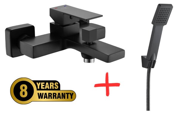 Laveo Kvadrato, nástěnná vanová baterie s ruční sprchovou soupravou Orca, 150mm, černá matná, LAV-BLQA710D