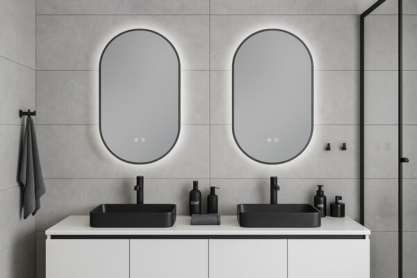 Erga Freya, oválné LED zrcadlo 60x90cm v černém kovovém rámu, 3 barvy světla, zadní osvětlení, vyhřívací podložka proti zapaření, ERG-V01-FREYA-6090-…