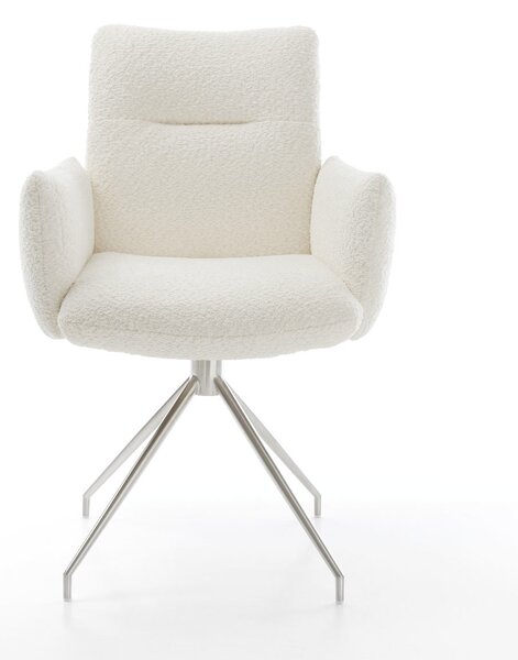 DELIFE Jídelní židle Jova-Flex s područkami bouclé bílá křížová podnož zúžená nerezová ocel otočná o 180° taštičkové pružiny