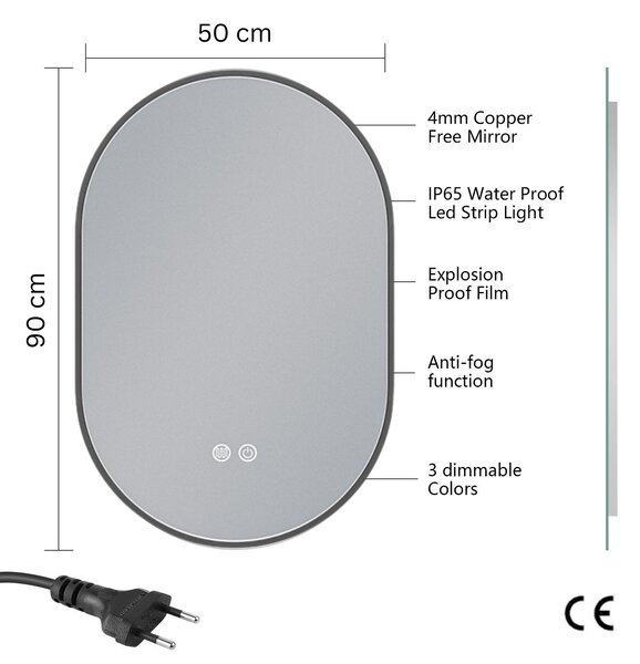 Erga Freya, oválné LED zrcadlo 50x90cm v černém kovovém rámu, 3 barvy světla, zadní osvětlení, vyhřívací podložka proti zapaření, ERG-V01-FREYA-5090-…
