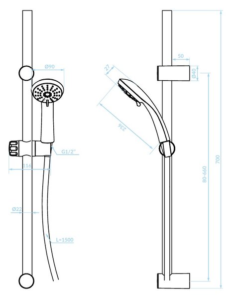 Kuchinox Cento, sprchový sloup 70 cm s ruční sprchovou hlavicí, bílá, LAV-NKC_61A1