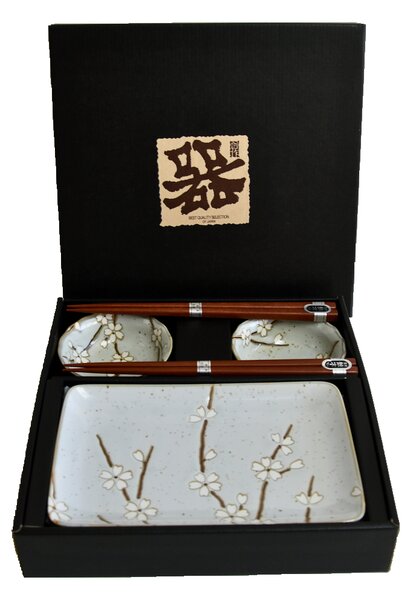 Made in Japan (MIJ) Sushi Set Grey with White Petals 4 ks s hůlkami