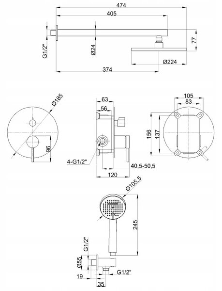 Invena Kalitea, podomítková sprchová souprava, 2-funkční baterie, černá matná, INV-BS-72-004-V